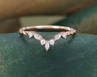 Curved Moissanite wedding band vintage rose gold Marquise cut wedding band Bridal stacking matching band 3/4 eternity twist ring promise