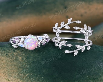 Round cut Pink opal Engagement ring set Vintage white gold marquise cut Moonstone Amethyst ring Moissanite Leaf Enhancer ring promise ring