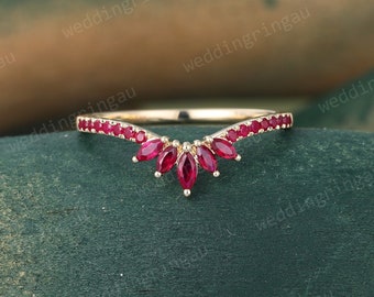 Marquise cut Ruby wedding band vintage curved wedding band 14k gold art deco unique matching band stacking half eternity anniversary gift