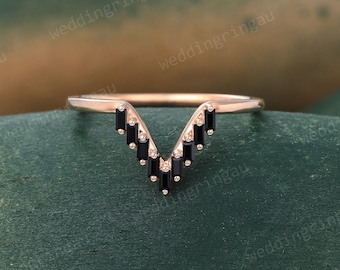 Chevron Black onyx wedding band Unique Baguette cut Black onyx Curved Wedding ring V shaped ring for women Bridal Stacking Matching ring