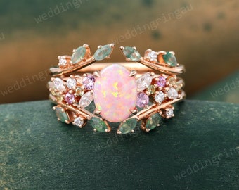 Oval cut Pink Opal ring set Vintage Rose gold engagement ring set Peridot ring Pink sapphire ring Moss agate enhancer ring Promise ring set