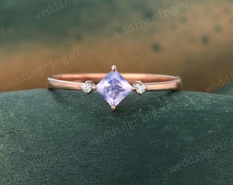 Princess cut Lavender Amethyst engagement ring Unique Rose gold Moissanite ring Dainty Three stone ring Bridal wedding ring promise ring