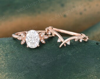 Oval cut Moissanite Engagement ring set Vintage rose gold Leaf ring Twig Curved wedding band Round cut Diamond bridal Art deco promise ring
