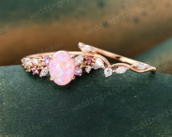 Oval cut Pink Opal Wedding ring set Vintage Rose gold engagement ring set Peridot ring Pink sapphire Cluster ring Diamond Promise ring set