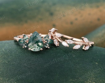 Pear shaped Moss agate Engagement ring set Vintage Rose gold Marquise cut Agate ring Leaf Diamond wedding ring set Women Promise ring set