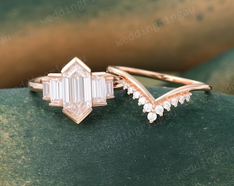 Moissanite Engagement ring set Vintage Rose gold Hexagon cut Moissanite ring Set Diamond Chevron wedding ring set promise ring Bridal set