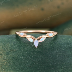 Pear cut Natural Opal wedding band Vintage rose gold curved wedding band Branch ring Bridal art deco stacking matching band Anniversary ring