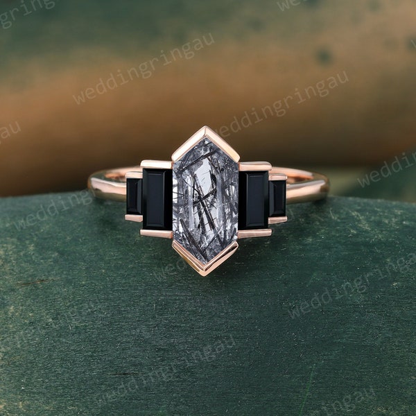 Hexagon cut Black rutilated quartz ring Unique gemstone engagement ring Vintage Rose gold ring Baguette cut Black onyx ring promise ring
