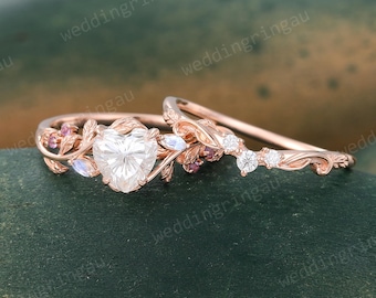 Heart Cut Moissanite Engagement Ring Set Vintage Twig Bridal Ring Set Leaf Marquise Moonstone Ring Diamond Wedding Ring Promise Ring