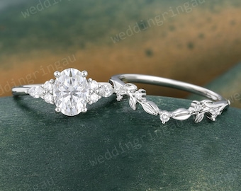 Oval Cut Moissanite Engagement Ring Set Unique White Gold Diamond Bridal Ring Set Round Leaf Wedding Band Art Deco Promise Anniversary Ring
