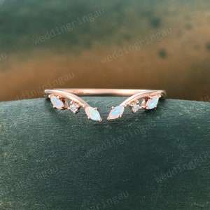 Marquise cut Natural Opal Wedding Band Unique Rose gold Moissanite Curved Wedding Band Vintage Art deco Bridal Open Stacking Promise ring