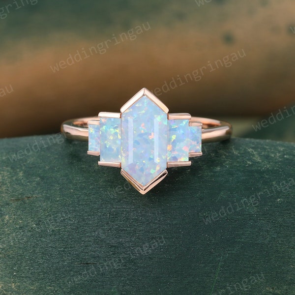 Hexagon cut Lab Opal ring Unique rose gold engagement ring Baguette cut Opal Promise ring Bezel set ring Bridal anniversary ring for women