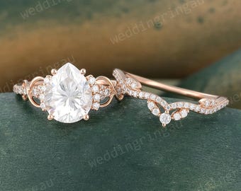 Unique Pear Shaped Moissanite Engagement Ring Set Rose Gold Bridal Ring Set Round Diamond Infinity Twist Wedding Ring Women Promise Ring Set