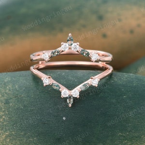 Moss agate Ring Enhancer Unique Diamond Wedding band Rose gold Double band Curved matching stacking ring Wrap band for women Custom ring