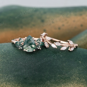 Pear shaped Moss agate Engagement ring set Vintage Rose gold Marquise cut Agate ring Leaf Diamond wedding ring set Women Promise ring set