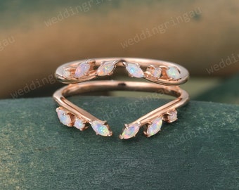 Marquise cut Opal Wedding Band Rose gold curved wedding band Leaf Enhancer Ring Floral Ring Art deco matching stacking band for women