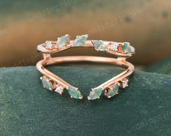 Marquise cut Moss Agate Wedding Band Moissanite Enhancer ring Rose gold Guard band Leaf Branch Ring Curved matching stacking band for women