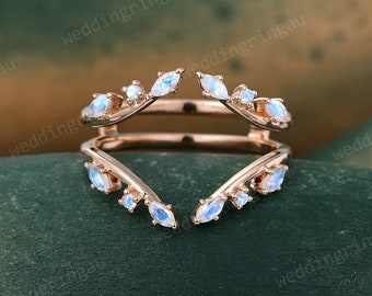Marquise cut Moonstone Wedding Band Enhancer ring Rose gold Open Guard band Branch Ring Curved matching stacking band for women Custom band
