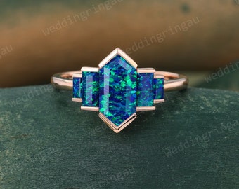 Hexagon cut Blue Green Opal ring Vintage Rose gold engagement ring Baguette cut Lab Opal ring Unique Bezel set ring Art deco Promise ring