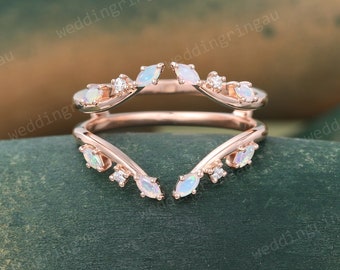 Natural Opal Wedding Band Unique Moissanite Enhancer ring Rose gold Double band Leaf Wrap Ring Curved matching stacking band for women