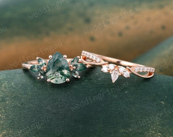 Pear shaped Moss agate Engagement ring set Vintage Rose gold Bridal ring set Pear cut Moissanite wedding ring set Women Promise ring set