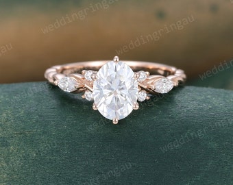 Oval cut Moissanite engagement ring vintage rose gold unique twist ring Marquise cut wedding ring 7 stone ring art deco bridal promise ring