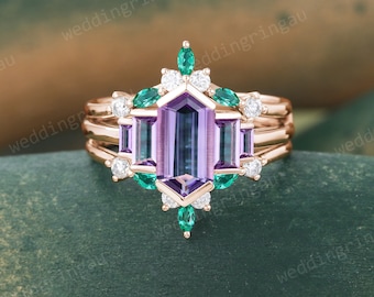 Hexagon cut Amethyst Wedding ring set Vintage Rose gold Amethyst engagement ring set marquise cut Emerald Enhancer wedding ring promise ring