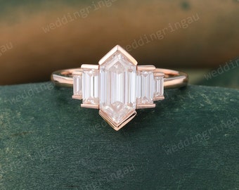 Hexagon cut Moissanite engagement ring Unique rose gold ring Bezel set ring baguette cut ring Bridal Art deco promise anniversary ring