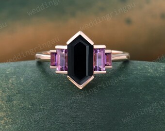 Hexagon Cut Black Onyx Ring Vintage Rose Gold Engagement Ring Baguette Amethyst Ring Bezel Ring Bridal Wedding Anniversary Ring