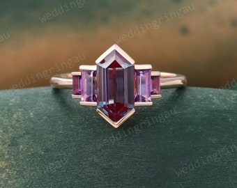 Hexagon cut Alexandrite ring Unique Rose gold engagement ring Baguette cut Amethyst ring Bezel ring Vintage Bridal wedding anniversary ring