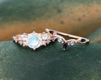 Moonstone engagement ring set Vintage Solid rose gold ring Round cut Moissanite ring women unique Blue sandstone wedding ring Bridal gift