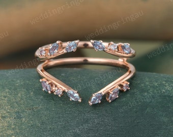 Enhancer Wedding Band Marquise cut Alexandrite Wedding Band Rose gold Guard band Leaf Ring Floral Ring Curved matching stacking band