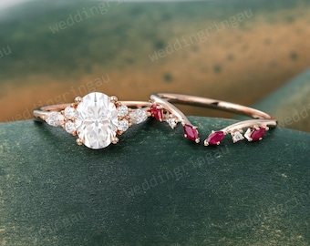 Oval cut Moissanite engagement ring set 14k rose gold marquise cut Diamond ring for women unique Natural Ruby wedding ring set Bridal gift