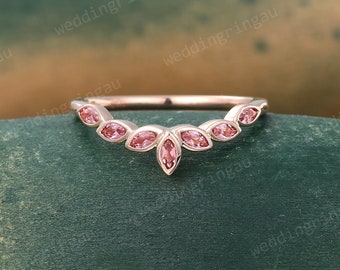 Marquise cut Pink Tourmaline Wedding Band Unique Rose gold Curved Wedding Band Bezel set ring Art deco Bridal Stacking band Promise ring