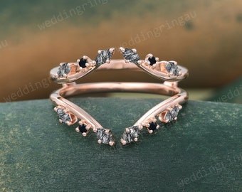 Black rutilated quartz Wedding Band Unique Enhancer ring Rose gold Double bands Black onyx Leaf Branch Ring Curved matching stacking band