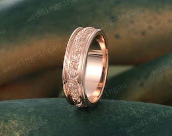 6mm Men Filigree Wedding band Vintage Rose gold Plain wedding ring Gold Flower Pattern Band for him Couple band Floral Wedding Ring
