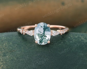 Oval cut moss agate engagement ring vintage rose gold unique moissanite engagement ring kite cut stacking ring women bridal gift for her