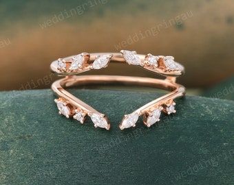 Enhancer Wedding Band Marquise cut Moissanite Wedding Band Rose gold Double band Leaf Ring Branch Ring Cluster Curved matching stacking band