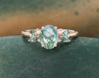 Oval cut Green Moss agate ring Unique Rose gold engagement ring Marquise cut Moss agate cluster ring Moissanite Bridal ring Anniversary ring