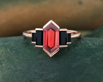 Hexagon cut Garnet ring Unique Rose gold engagement ring Baguette cut Black onyx ring Bezel set ring Vintage Bridal wedding anniversary ring