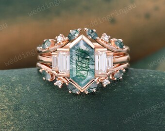 Hexagon cut Moss agate Engagement ring set Vintage rose gold Baguette cut Moissanite ring Leaf Enhancer wedding band bridal promise ring