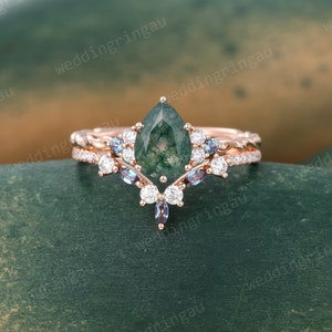 Pear shaped moss agate engagement ring set Vintage Rose gold Bridal ring set Marquise cut alexandrite Curved wedding ring promise ring set image 1