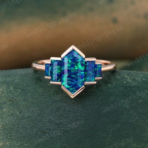 Hexagon cut Blue Green Opal ring Vintage Rose gold engagement ring Baguette cut Lab Opal ring Unique Bezel set ring Art deco Promise ring