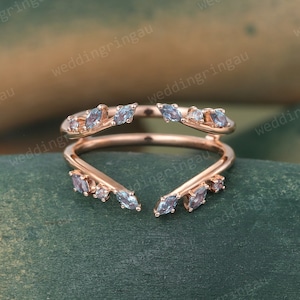 Enhancer Wedding Band Marquise cut Alexandrite Wedding Band Rose gold Guard band Leaf Ring Floral Ring Curved matching stacking band