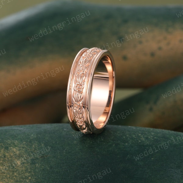 6mm Men Filigree Wedding band Vintage Rose gold Plain wedding ring Gold Flower Pattern Band for him Couple band Floral Wedding Ring