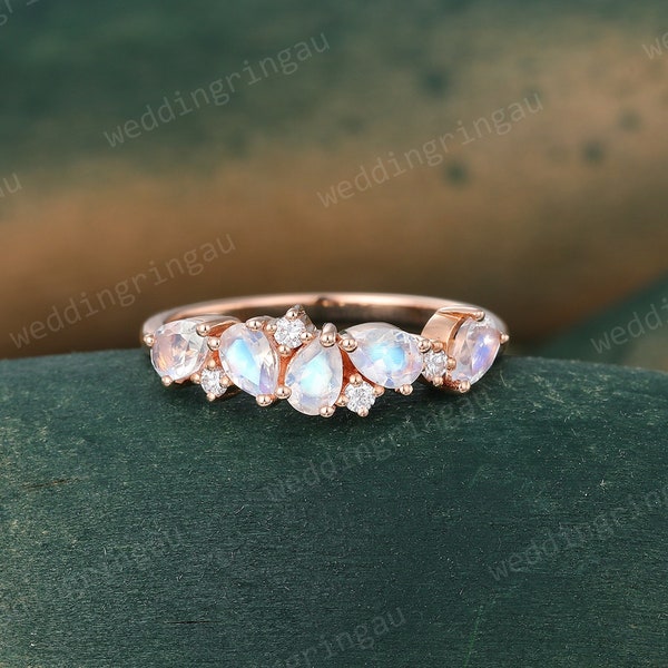 Pear shaped Moonstone wedding band Unique Rose gold moissanite Cluster wedding ring art deco stacking matching band promise ring gift