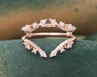 Moissanite Enhancer Wedding Band Marquise cut Diamond Wedding Band Rose gold Double band Leaf Branch Ring Curved matching stacking band