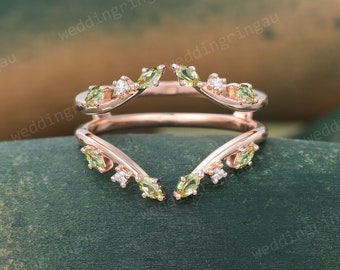 Peridot Wedding Band Unique Moissanite Enhancer Wedding ring Rose gold Double band Leaf Branch Ring Curved matching stacking band for women
