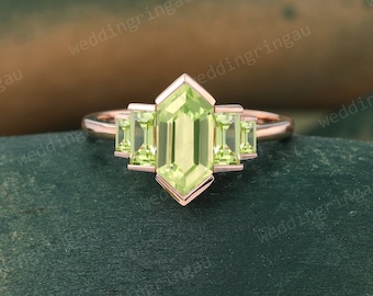 Hexagon cut Peridot ring Unique Rose gold engagement ring Baguette cut Peridot ring August birthstone ring Bridal wedding anniversary ring