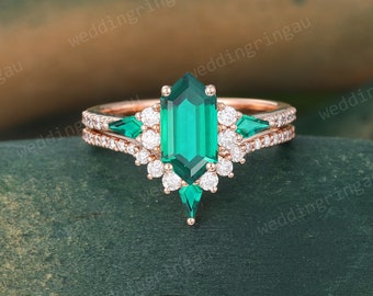 Hexagon Emerald engagement ring set Vintage Rose gold Moissanite Bridal ring set Kite cut Emerald Curved wedding ring Diamond Promise ring